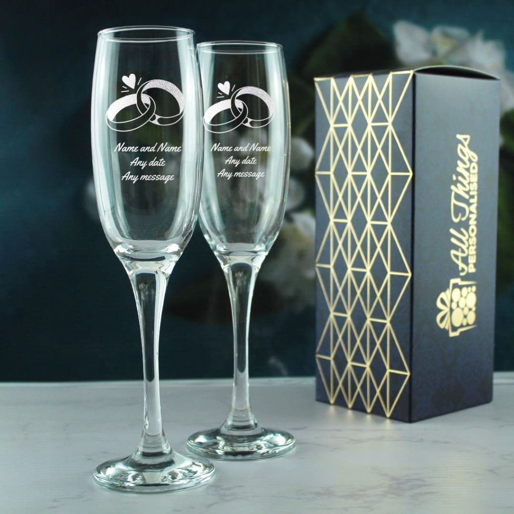 Personalised Engraved Wedding Champagne Glass Set With Any Message Any Date Rings All Things 9596