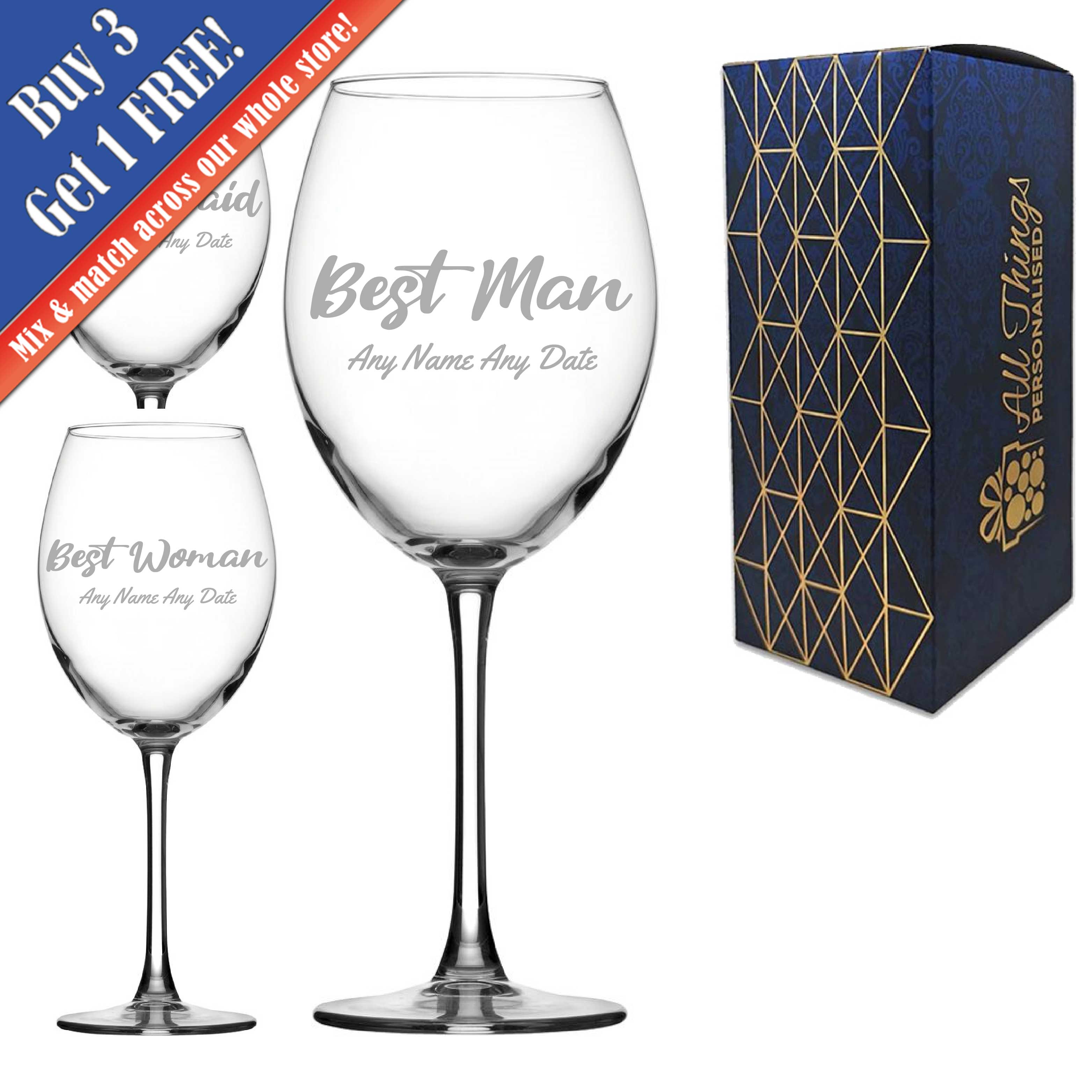 Personalised Engraved Wedding Glass Sets and Singles, Handwritten Font